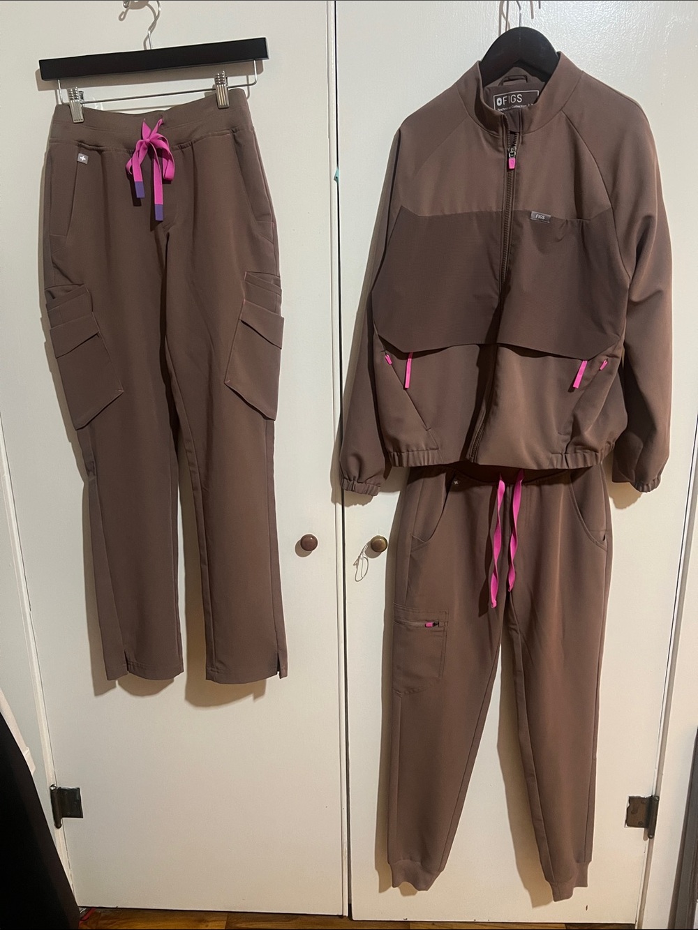 Figs Women's Brown Cargo Jogger Pants with Pink Drawcord